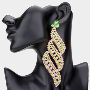 Long Pink & Green Pave Crystal Dangle Earrings Fashion Statement Jewelry